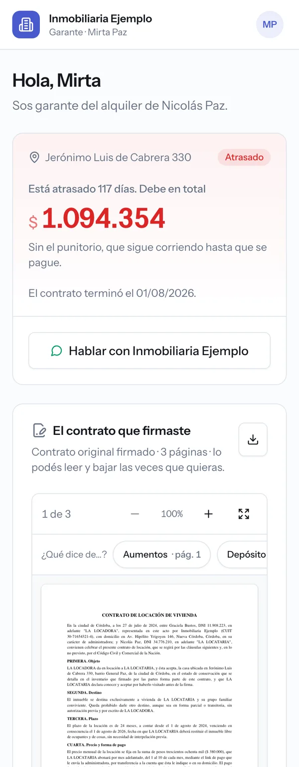 Portal del garante: el atraso y la deuda del inquilino, el contrato que firmó y los avisos
